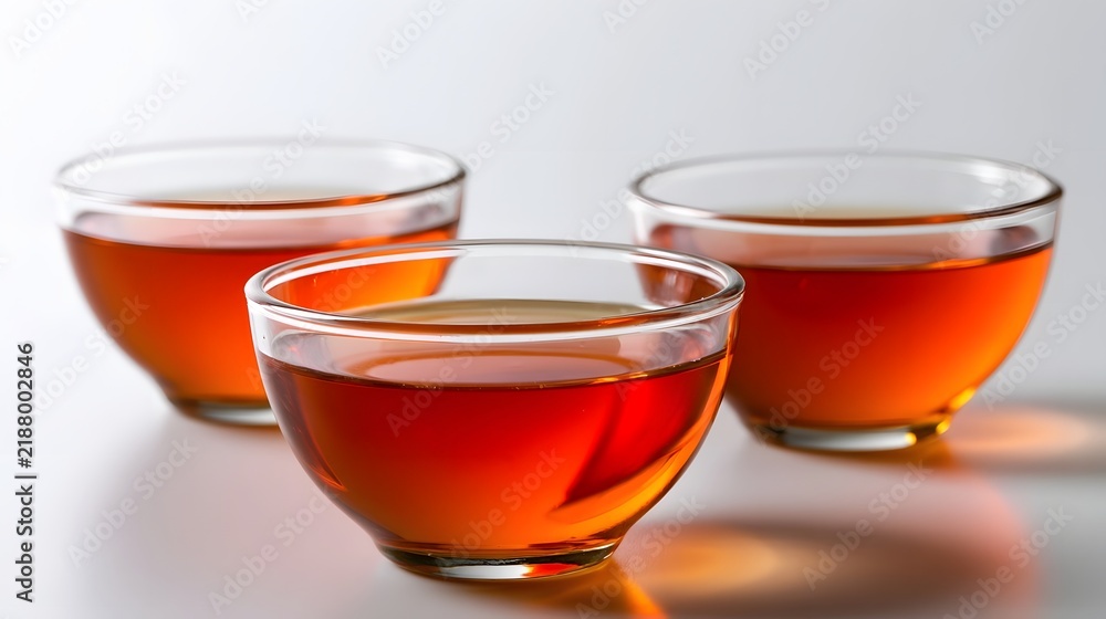 Fototapeta premium Three clear glass bowls filled with amber colored tea arranged on a light surface with soft reflections