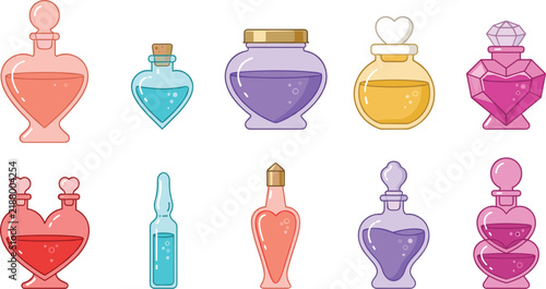 Bild auf Leinwand Magic Love Potion and Elixir Bottle Icon Set with Cute Heart Shaped Flasks and G