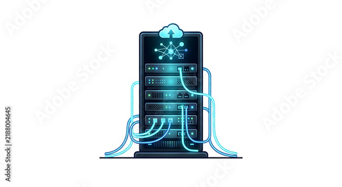 Plakat Glowing data server rack vector icon, cloud computing, big data center and networking concept illustration with transparent background