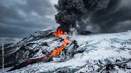 Volcanic eruption in snowy mountain landscape with dark stormy clouds above an active volcano with fiery lava flows and thick