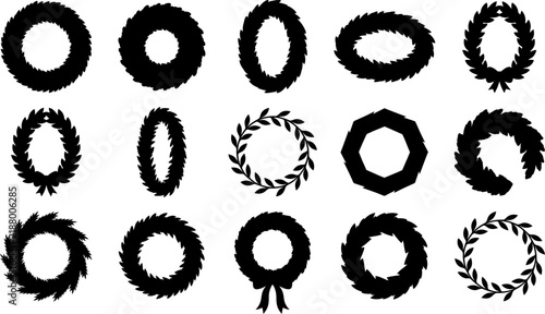 A collection of fifteen different circular and oval floral wreath designs isolated on a white background for decorative graphic design and artistic projects