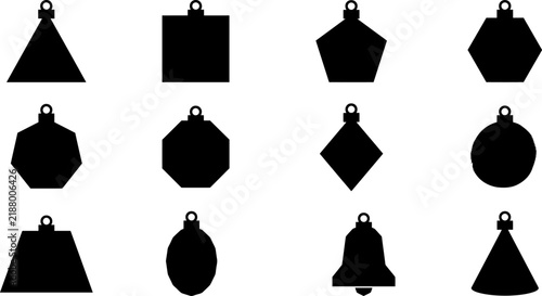 A collection of twelve black silhouette icons representing various geometric shapes and christmas tree ornaments isolated on a plain white background for design