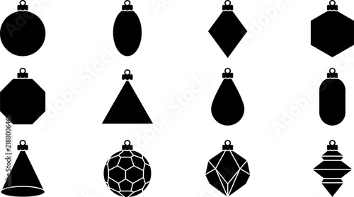 A collection of twelve black silhouette christmas tree ornaments in various geometric shapes isolated on a white background for holiday design projects