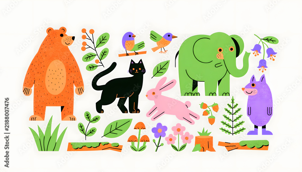 Naklejka premium Cute woodland animals and botanical forest elements set. Wildlife nature exploration and biology concept. Bear, elephant, rabbit, cat, and birds gathered among mushrooms and flowers.