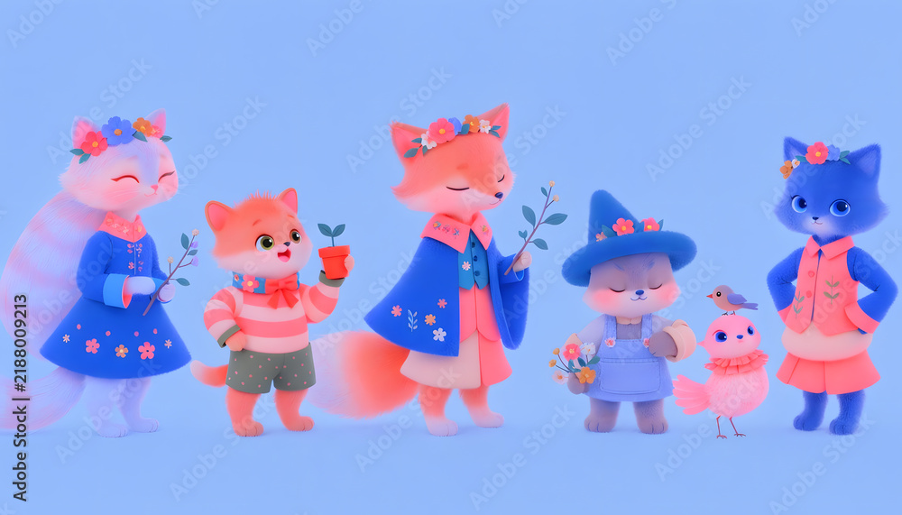 Fototapeta premium Whimsical pastel furry animal woodland characters line. Spring nature and friendship concept. Cute dressed cat and fox friends holding flower plants and birds together