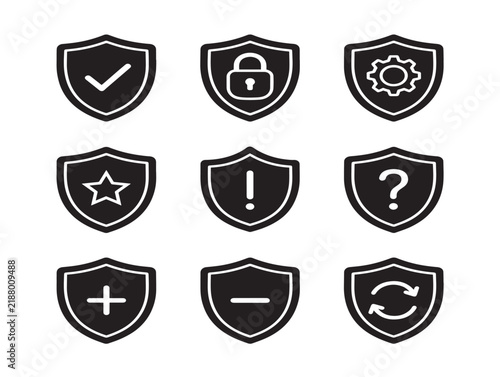 Modern security and validation shield icons set for UI UX design and digital interfaces