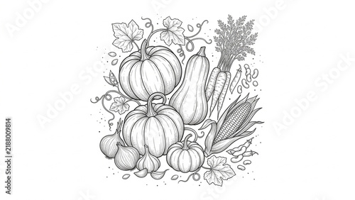 Detailed botanical engraving: a composition of autumn harvest vegetables; the image features fine line work and is set against a clean white background. Suitable for coloring or design.
