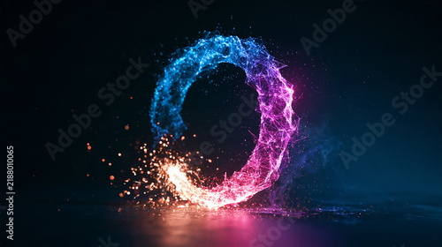 generative AI innovation concept, luminous creative spark moving through a digital neural network, blue and purple 3D illustration