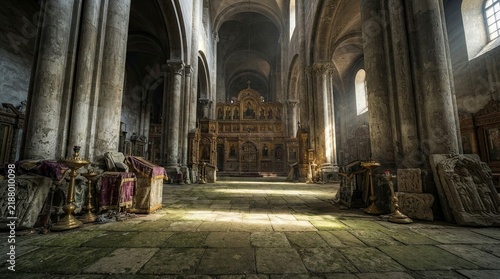 Interior of an ancient medieval stone church or cathedral