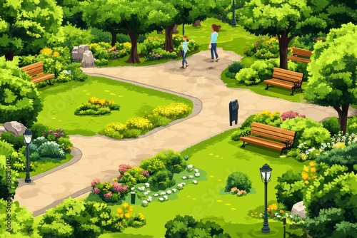 selective focus modern isometric city park with green landscapes pathways and visitors
