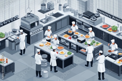 selective focus isometric restaurant kitchen with chefs cooking and dish plating