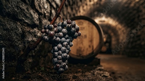 Red grapes hanging in a traditional wine cellar