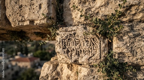 Ancient Hebrew inscription on stone wall in Jerusalem