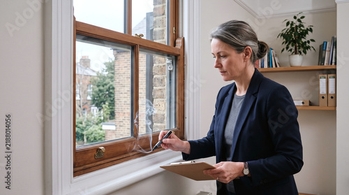 Female building assessor checks sash window air leaks with smoke pen inside