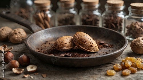 Almonds and nuts in pan with spices and jars