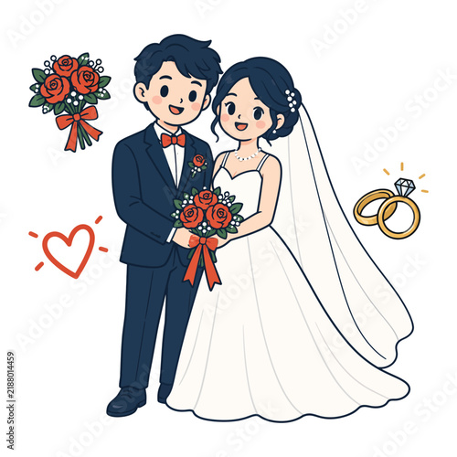 Kawaii Wedding Couple with Bouquet and Rings