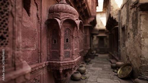Historic Indian architecture narrow street with stone balcony