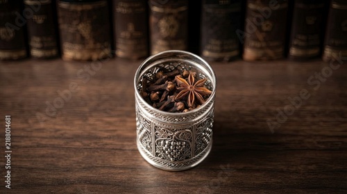 Spices in metal container with books background