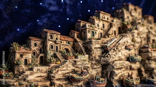 Miniature coastal town on rocky cliff with starry night sky