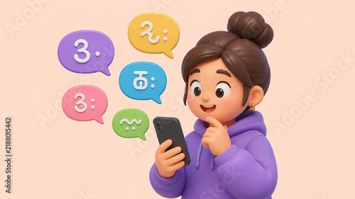 Chat Bubble Communication: A stylized cartoon girl in a purple hoodie holds a smartphone, with colorful chat bubbles displaying stylized text and symbols floating around her.