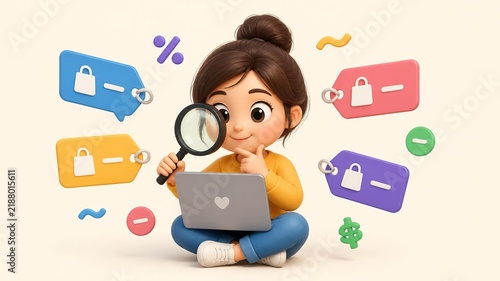 Shopping Search Fun: A young girl with a curious expression examines a laptop with a magnifying glass, surrounded by colorful shopping tags and abstract shapes.