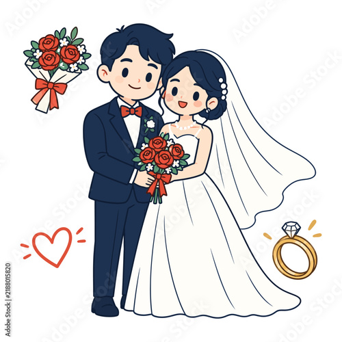 Kawaii Wedding Couple with Bouquet