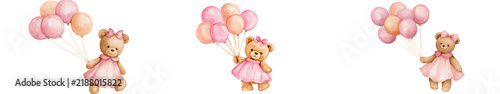 Watercolor cute little teddy bear girl in a pink dress holding balloons isolated on transparent background