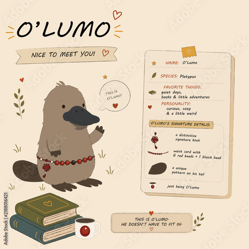 Obraz na płótnie Meet O’Lumo, a curious and cozy platypus character who enjoys quiet days, books, coffee and little adventures