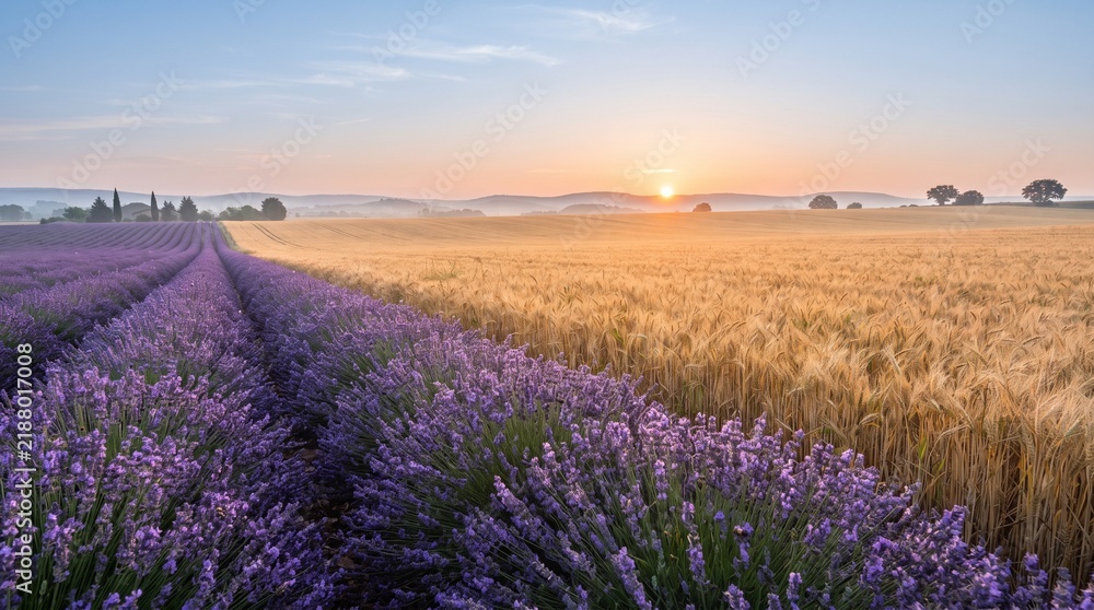 Fototapeta premium Lavender and Golden Wheat Fields Creating a Purple and Gold Landscape