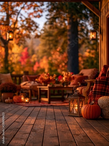 Warm lanterns glow on a wooden porch