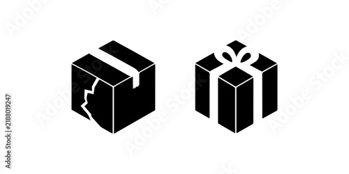 Broken gift box next to intact wrapped present silhouette icons