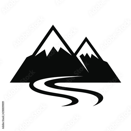 Minimalist mountain icon with winding river symbol, simple black landscape sign, outdoor adventure logo