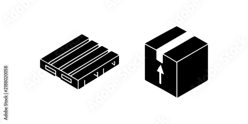 Black server rack and shipping box with arrow icon set