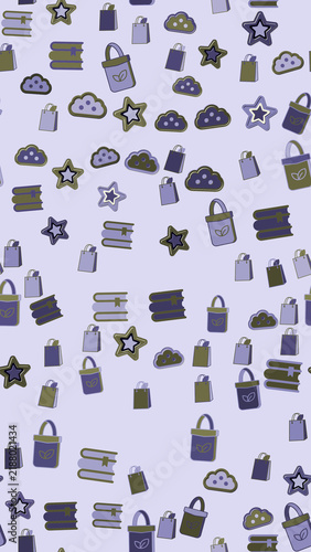 Pattern of books, shopping bags, stars, and clouds