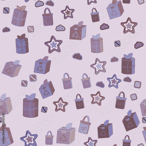 Seamless pattern of eco-friendly gifts, bags, stars and clouds
