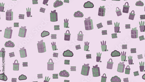 Seamless pattern of gifts, books, pencils, and clouds