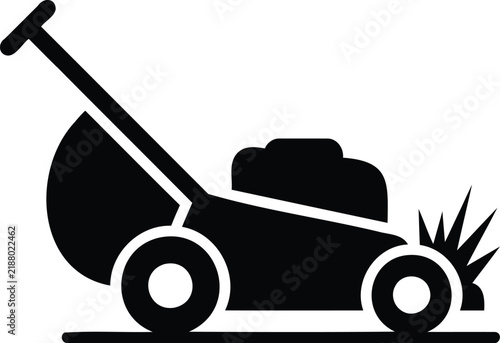 Black silhouette icon of a lawn mower cutting grass with mowing machine