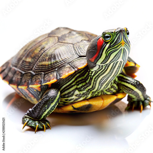 realistic red eared slider turtle on white background