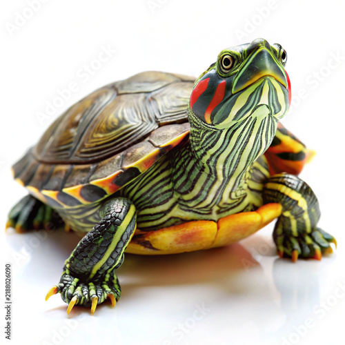 realistic red eared slider turtle on white background