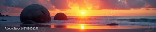 Sunrise illuminates giant spherical boulders on beach , sunshine, panorama, round