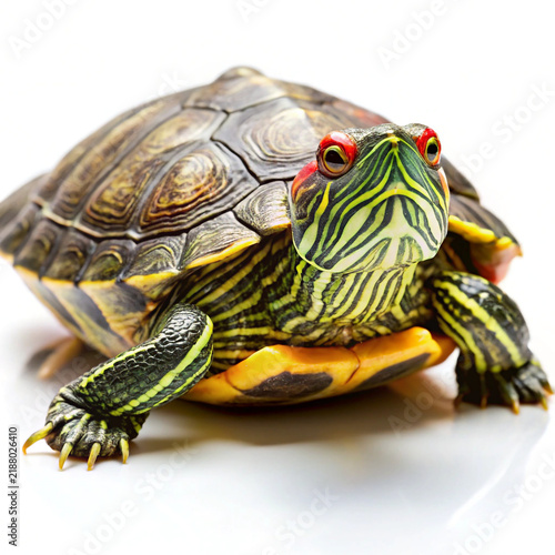 realistic red eared slider turtle on white background