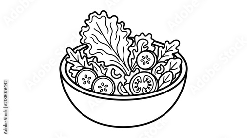 Fresh vegetable salad bowl vector illustration featuring crisp lettuce leaves and sliced cucumber tomato graphic art