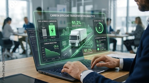 Businessman analyzes green logistics data on a futuristic holographic laptop interface in a modern corporate office.