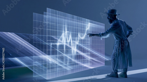 Man in traditional clothing interacting with a futuristic holographic financial graph display with showing fluctuating financial
