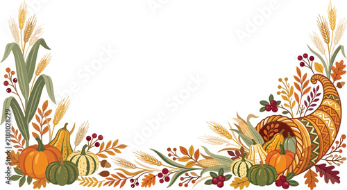 Thanksgiving Autumn Cornucopia Pumpkin Harvest Frame Border Vector Illustration