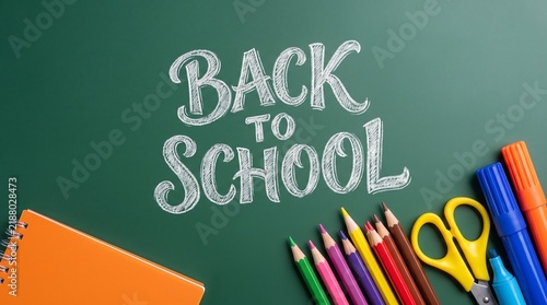Back to School Chalk Text on Blackboard with Notebook and Colored Pencils – Education Banner