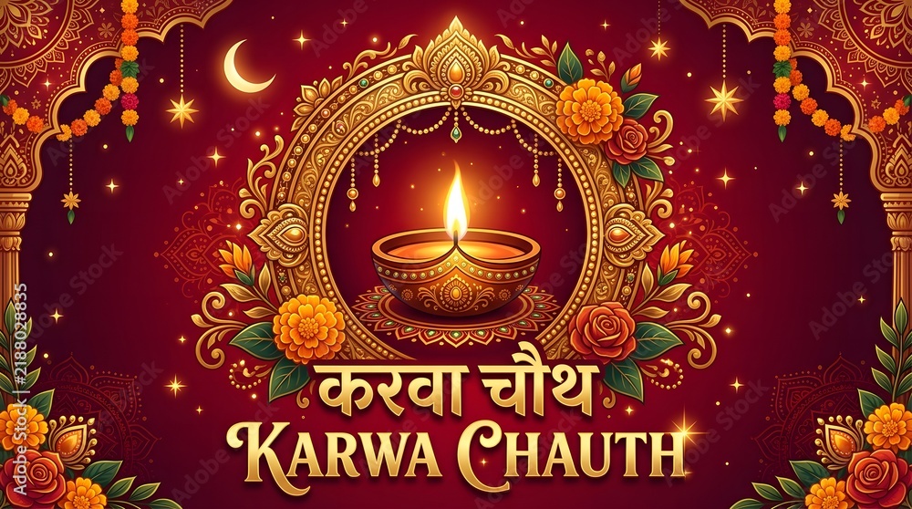 Fototapeta premium A beautiful festive background design for the indian festival of karwa chauth featuring a glowing diya lamp and traditional ornate golden patterns on red