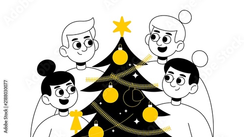 Minimalist, black-and-white characters with yellow decorated christmas tree rendered on white background