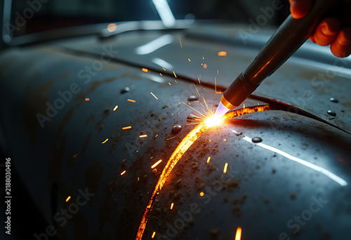 Welding process on car body part with intense sparks and smoke, metal repair work.
