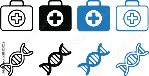 Set of medical first aid kit and dna helix icons in various outline and solid design styles
